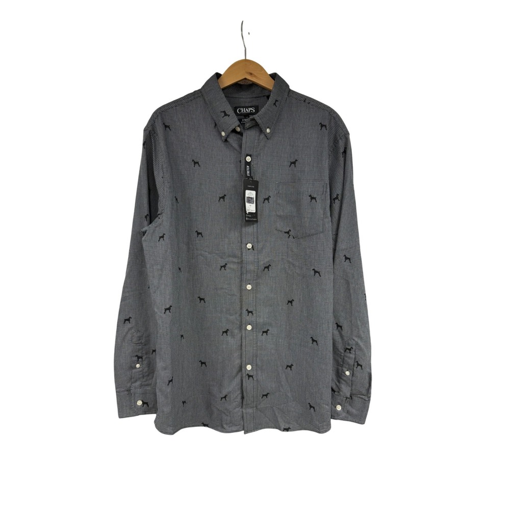 Chaps Mens Houndstooth Dog Print Stretch Easy Care Button Down Shirt Large NWT